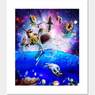 Rainbow Galaxy Cat Riding Shark In Space Posters and Art